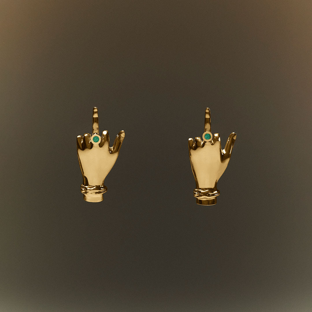 Sterling silver middle finger earring with 18k gold plating and emeralds
