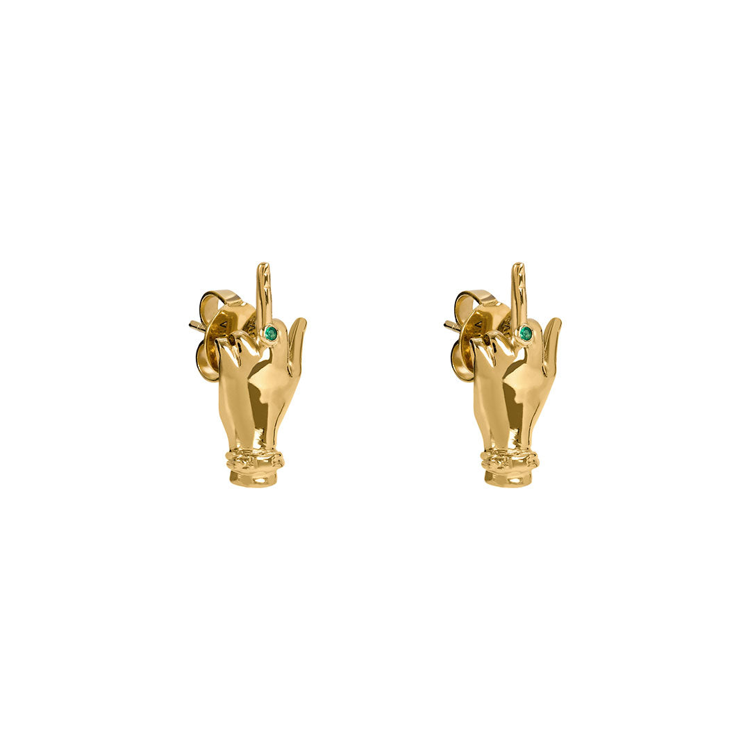 Paola Vilas middle finger earring in sterling silver with 18k gold plating and emeralds