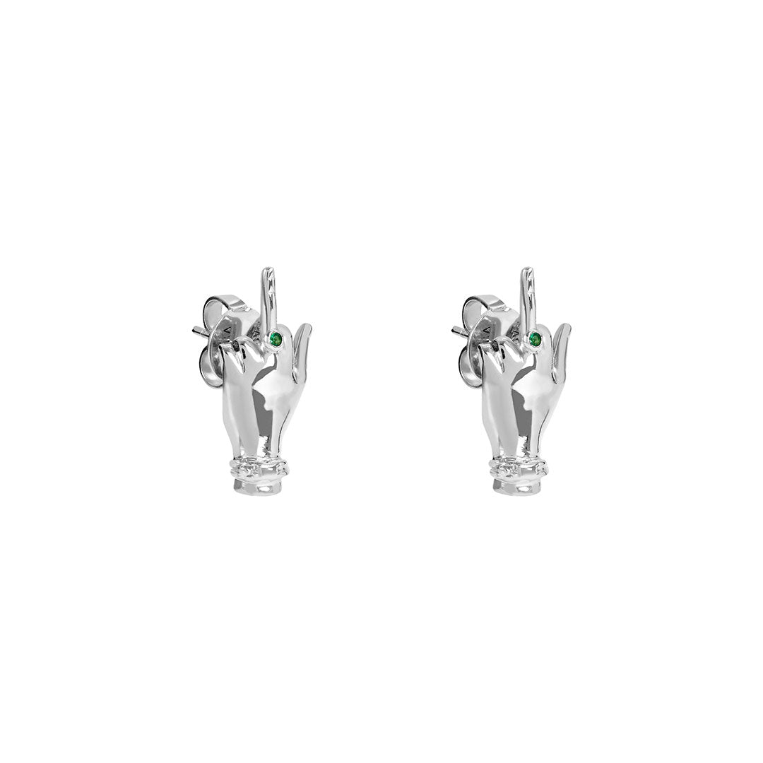 Paola Vilas middle finger earring in sterling silver and emeralds