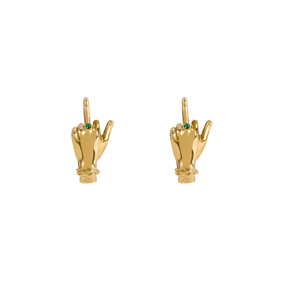 Paola Vilas sterling silver middle finger earring with 18k gold plating and emeralds
