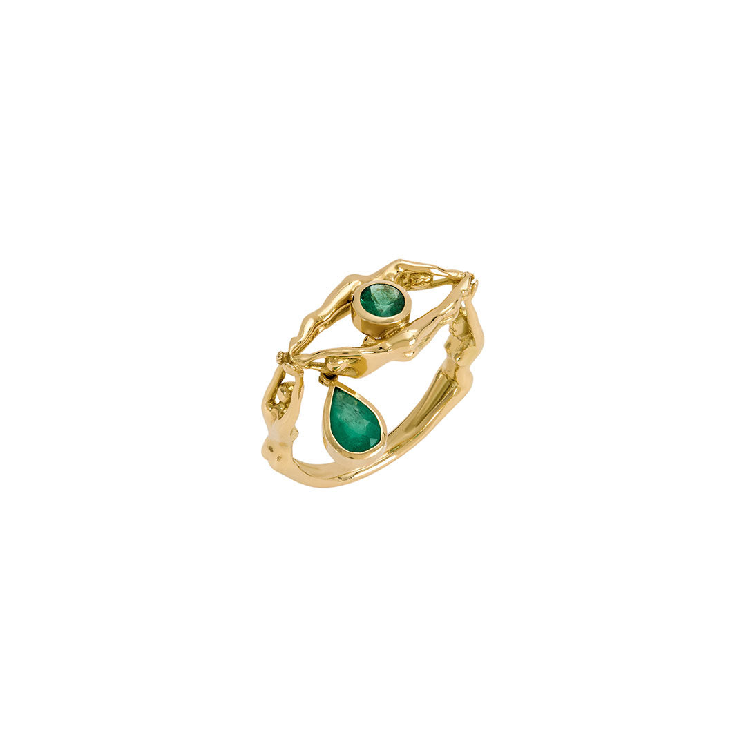 Paola Vilas eye ring with tear and bodies in 18k gold adorned with emeralds