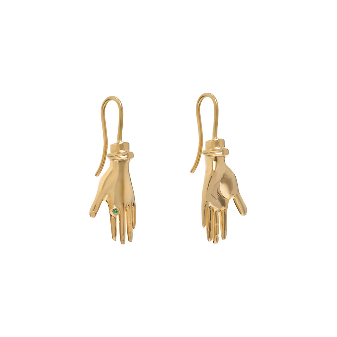 Sculptural hand-shaped earrings in sterling silver with 18k gold plating and emerald