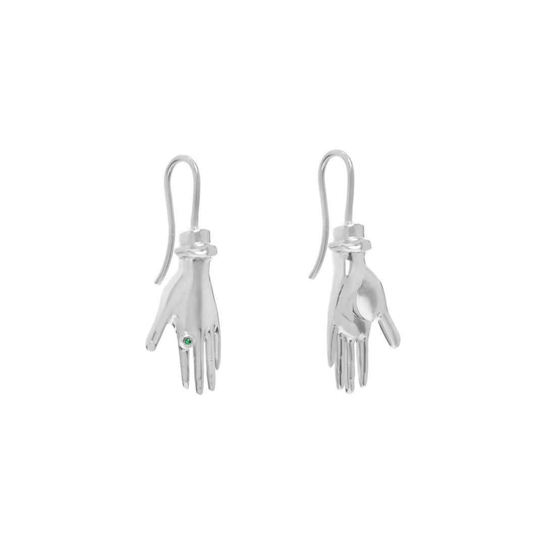 Sculptural hand-shaped earrings in sterling silver with emerald