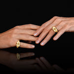 Models wearing a chevalier ring of a mouth in sterling silver and 18k gold plating