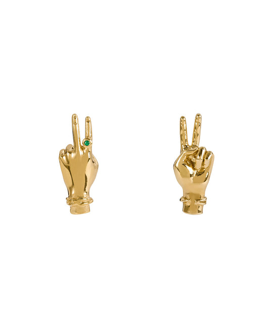 Paola Vilas hand-shaped earrings with peace sign in 18k gold-plated sterling silver and emerald