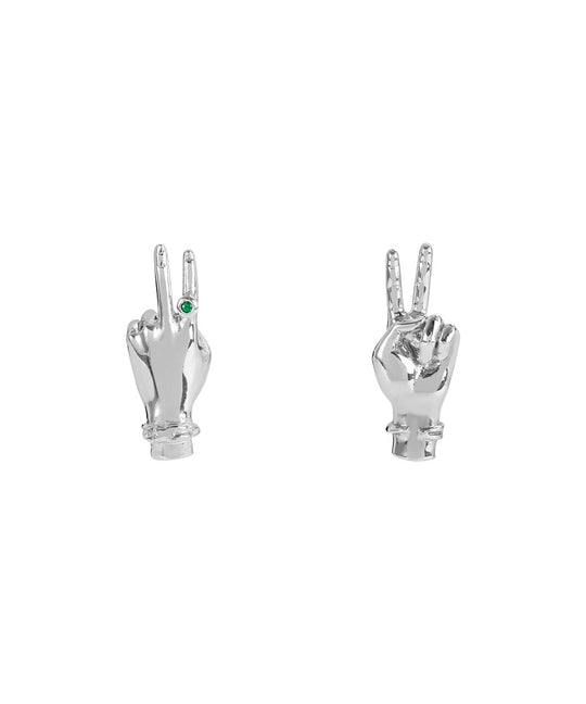 Paola Vilas hand-shaped earrings with peace sign in sterling silver and emerald