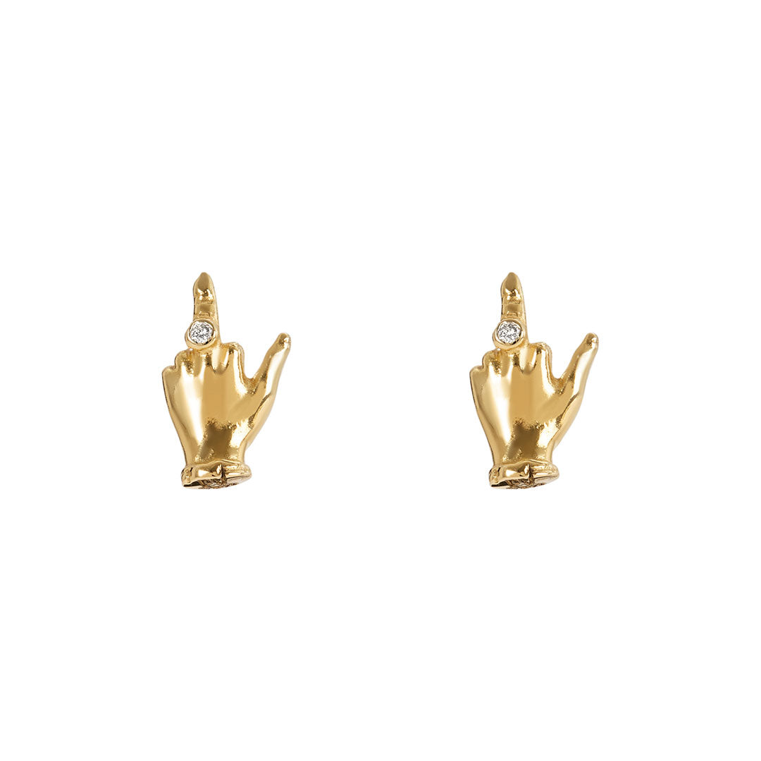 Paola Vilas middle finger earrings in 18k gold and diamonds