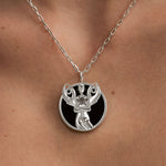 Model wearing Cancer zodiac necklace in sterling silver