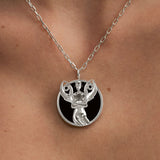 Model wearing Cancer zodiac necklace in sterling silver