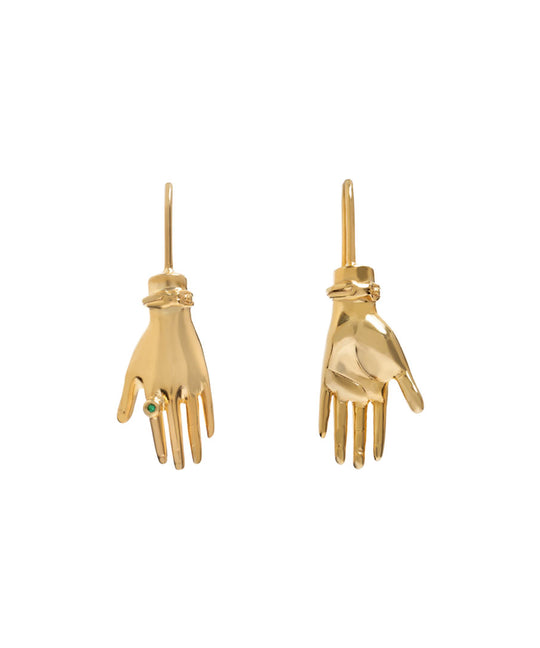 Paola Vilas hand-shaped earring in sterling silver with 18k gold plating and emerald