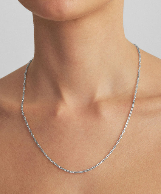Model wearing 50cm Cartier chain in sterling silver